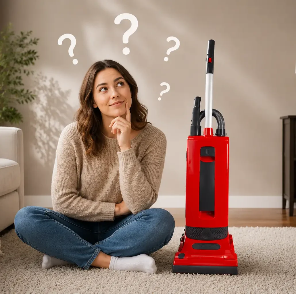 Homeowner using an upright vacuum on carpet in a bright living room — vacuum guide for homeowners