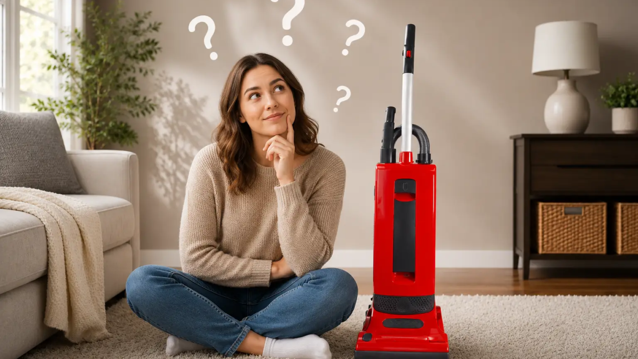 Homeowner using an upright vacuum on carpet in a bright living room — vacuum guide for homeowners