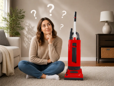 Homeowner using an upright vacuum on carpet in a bright living room — vacuum guide for homeowners