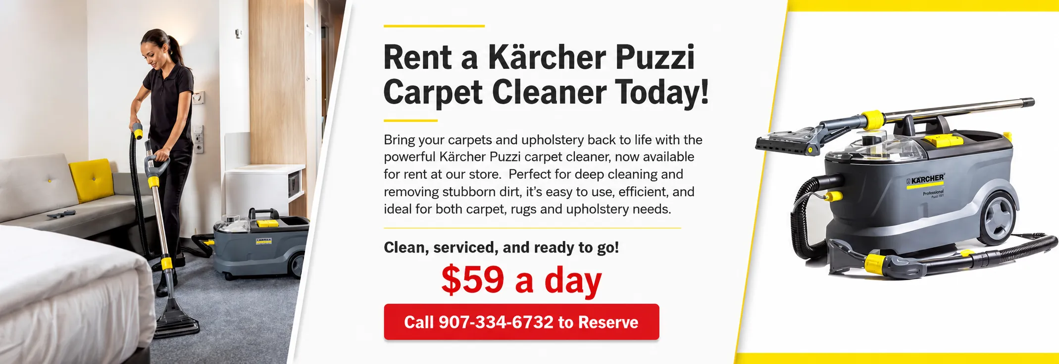 Rent a Kärcher Puzzi Carpet Cleaner Today! Bring your carpets and upholstery back to life with the powerful Kärcher Puzzi carpet cleaner, now available for rent at our store. Perfect for deep cleaning and removing stubborn dirt, it’s easy to use, efficient, and ideal for both carpet, rugs and upholstery needs. Call for availability 907-334-6732 They are clean, serviced, and ready to go